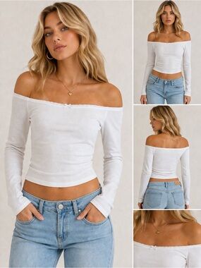 (A4) Wild Fable Off-the-Shoulder Long Sleeve Crop Top - White